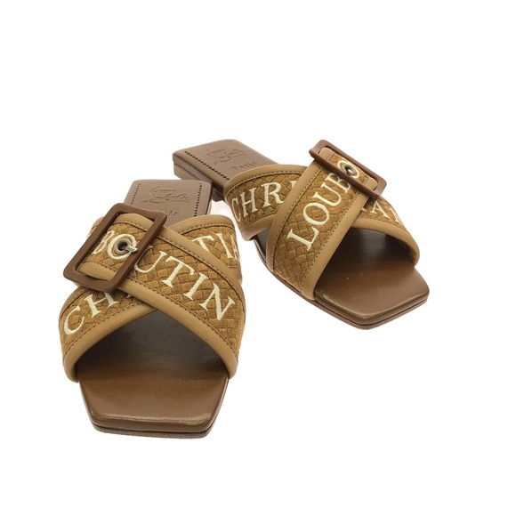 Christian Louboutin Shoes - Christian Louboutin Crossimule Slides Cuoio Logo-Embroidered Leather Sandals 37